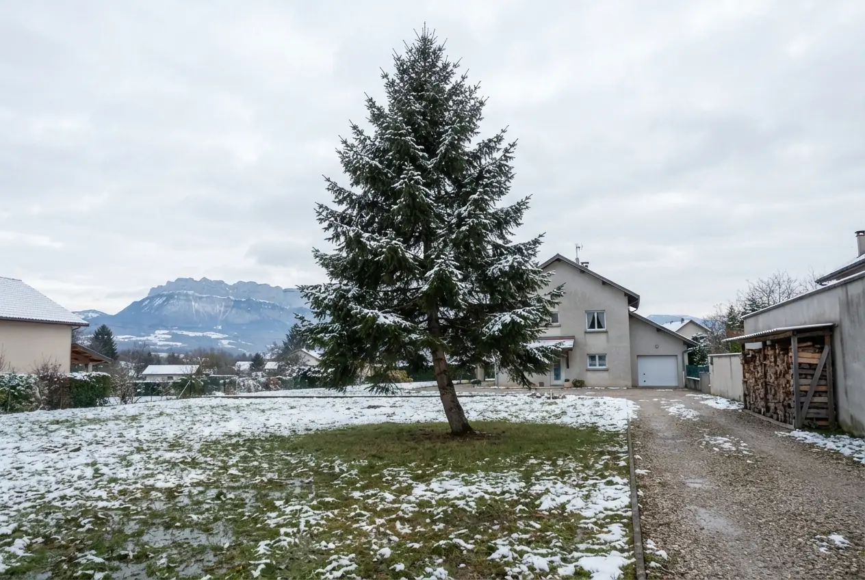 Sapin penché après chute de neige sur terrain dégagé à Bassens