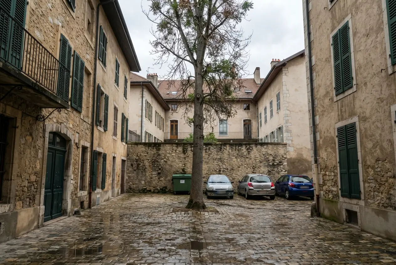 Frêne dépérissant proche d'une toiture en copropriété à Chambéry
