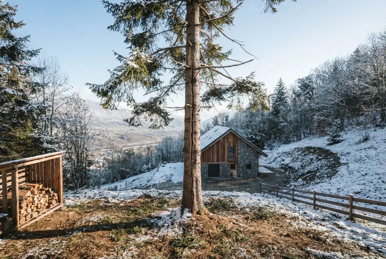 Sapin fissuré et instable après une chute de neige à Cognin