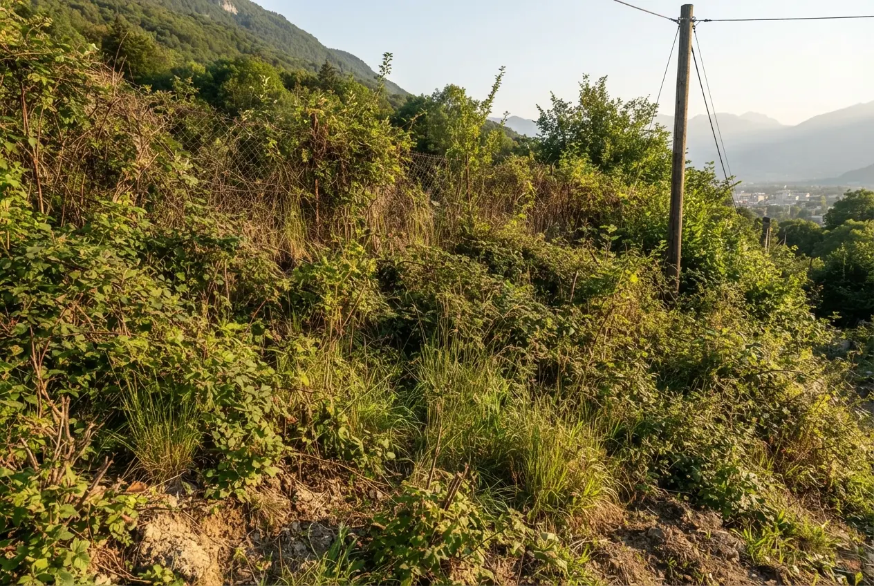 Terrain envahi par les ronces avant débroussaillage à Chambéry