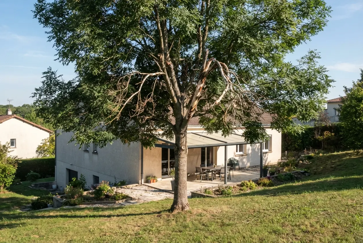 Frêne avec bois mort au-dessus d'une terrasse à Bassens avant taille