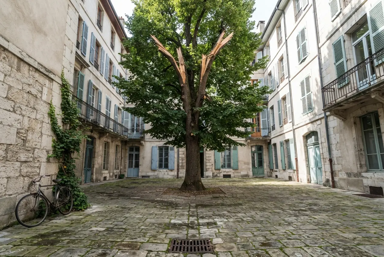 Tilleul fissuré dans une cour de copropriété à Chambéry avant élagage