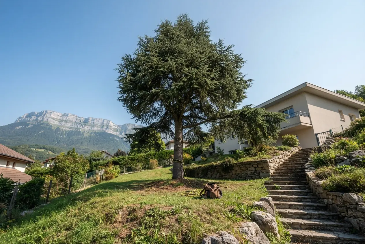Cèdre haut et dense avant intervention en grimpe à Jacob-Bellecombette