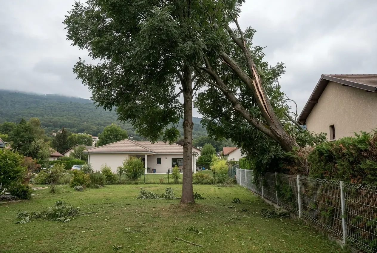 Arbre fragilisé après tempête avant intervention d'urgence à Saint-Alban-Leysse