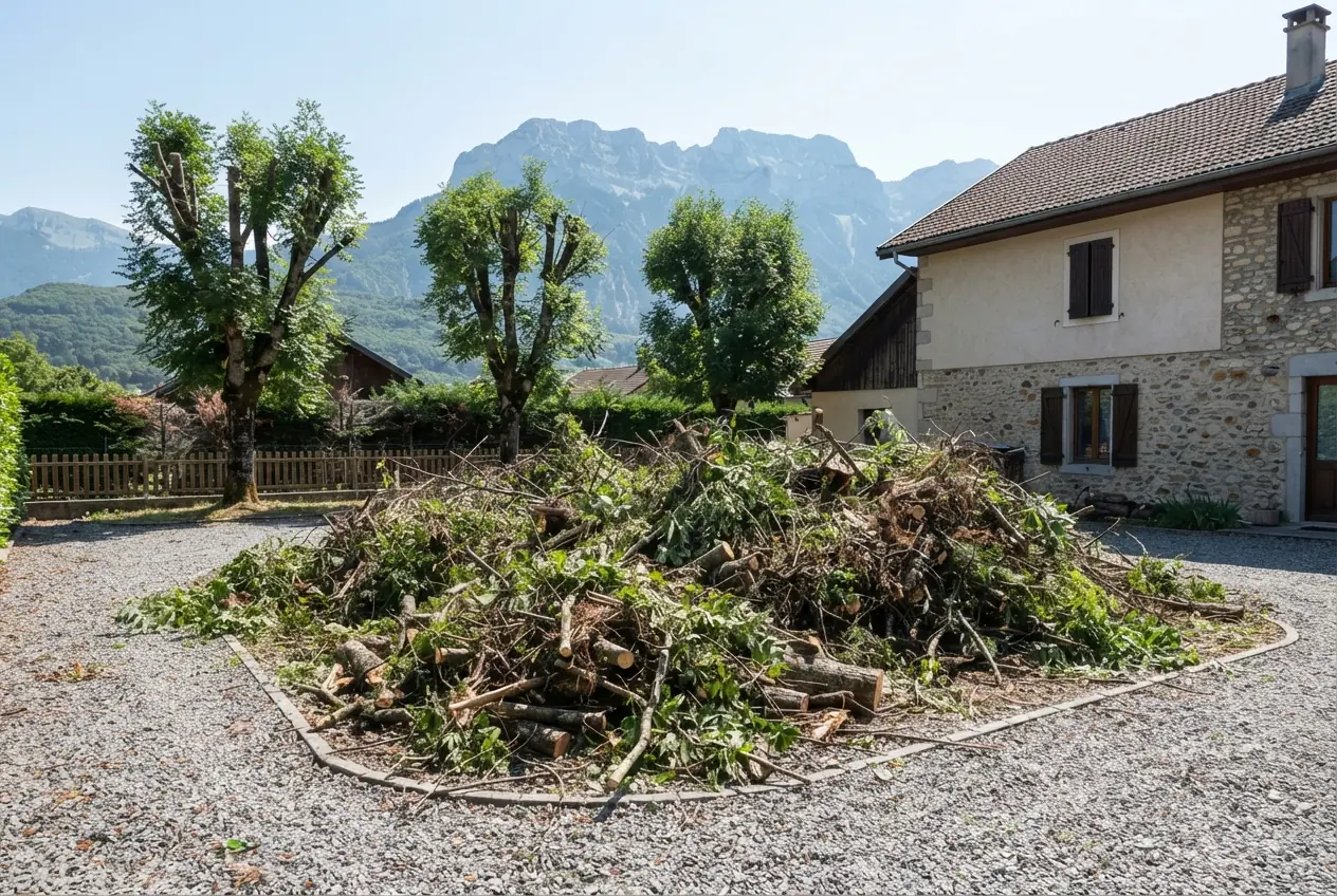 Branches et bois coupé au sol après élagage à Saint-Alban-Leysse