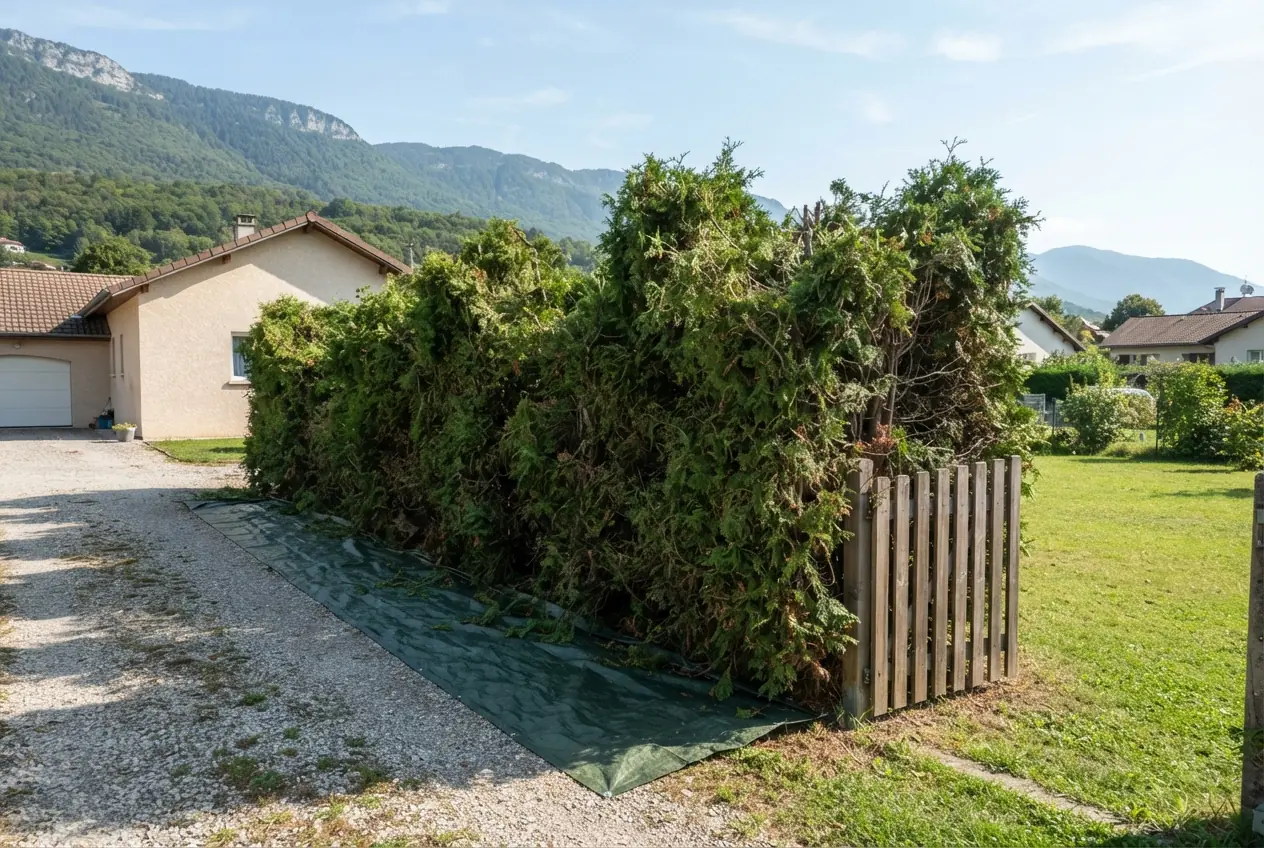 Haie de thuyas envahissante avant taille à Chambéry