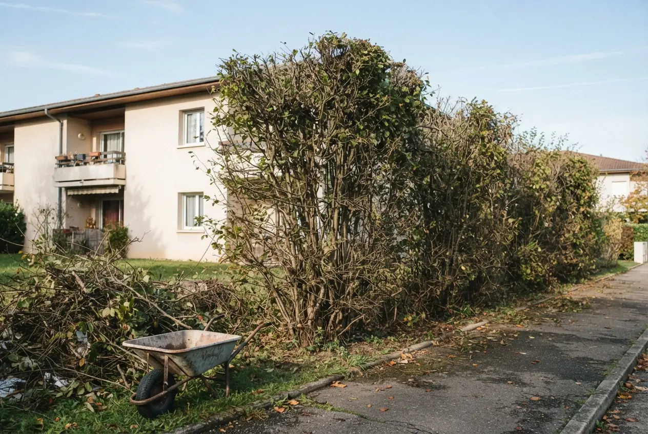 Haie de charmille dégarnie avant restructuration à La Motte-Servolex