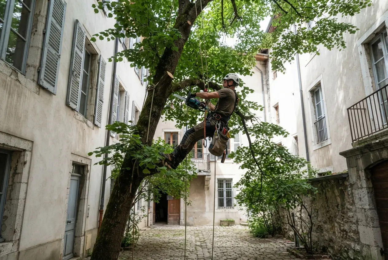 Élagueur grimpeur en intervention dans un arbre à Cognin
